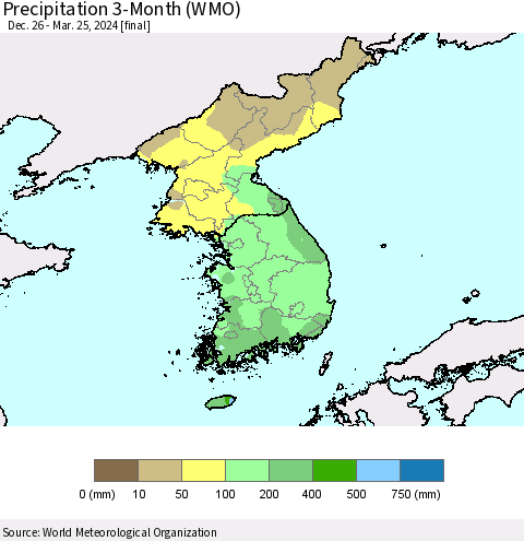 Korea Precipitation 3-Month (WMO) Thematic Map For 12/26/2023 - 3/25/2024