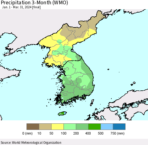 Korea Precipitation 3-Month (WMO) Thematic Map For 1/1/2024 - 3/31/2024
