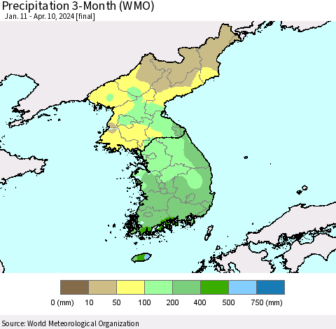 Korea Precipitation 3-Month (WMO) Thematic Map For 1/11/2024 - 4/10/2024