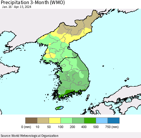 Korea Precipitation 3-Month (WMO) Thematic Map For 1/16/2024 - 4/15/2024