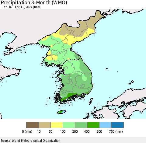 Korea Precipitation 3-Month (WMO) Thematic Map For 1/16/2024 - 4/15/2024