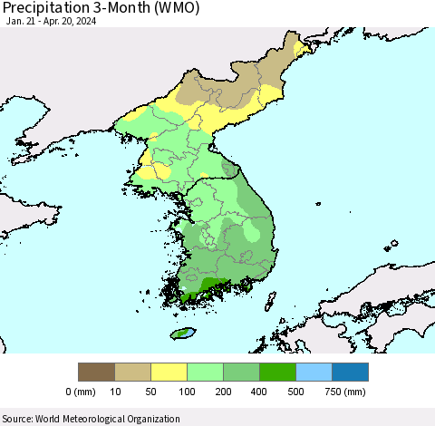 Korea Precipitation 3-Month (WMO) Thematic Map For 1/21/2024 - 4/20/2024