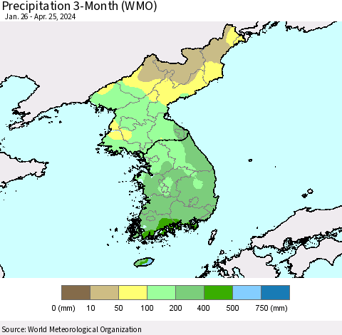 Korea Precipitation 3-Month (WMO) Thematic Map For 1/26/2024 - 4/25/2024
