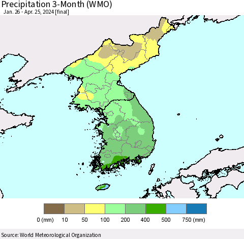 Korea Precipitation 3-Month (WMO) Thematic Map For 1/26/2024 - 4/25/2024
