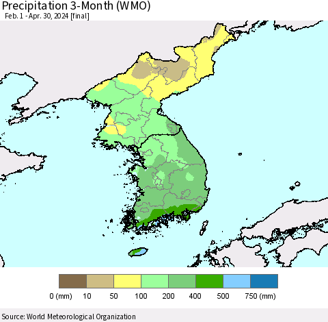 Korea Precipitation 3-Month (WMO) Thematic Map For 2/1/2024 - 4/30/2024