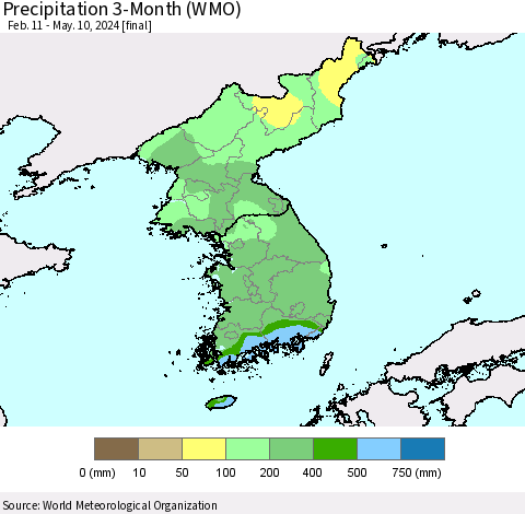 Korea Precipitation 3-Month (WMO) Thematic Map For 2/11/2024 - 5/10/2024