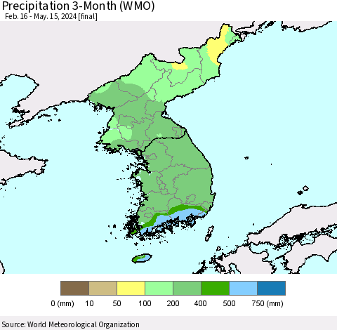 Korea Precipitation 3-Month (WMO) Thematic Map For 2/16/2024 - 5/15/2024