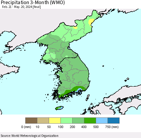 Korea Precipitation 3-Month (WMO) Thematic Map For 2/21/2024 - 5/20/2024