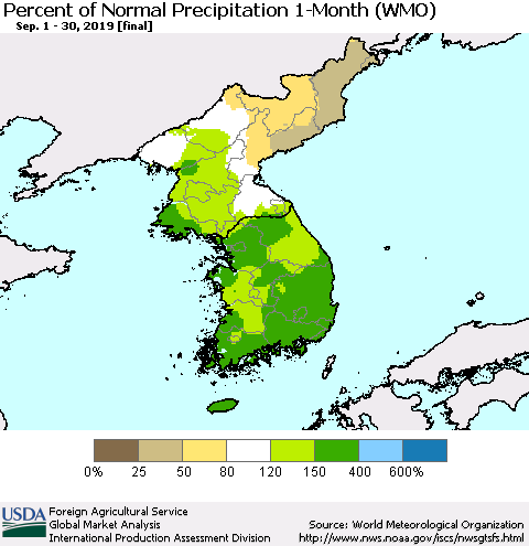 Korea Percent of Normal Precipitation 1-Month (WMO) Thematic Map For 9/1/2019 - 9/30/2019