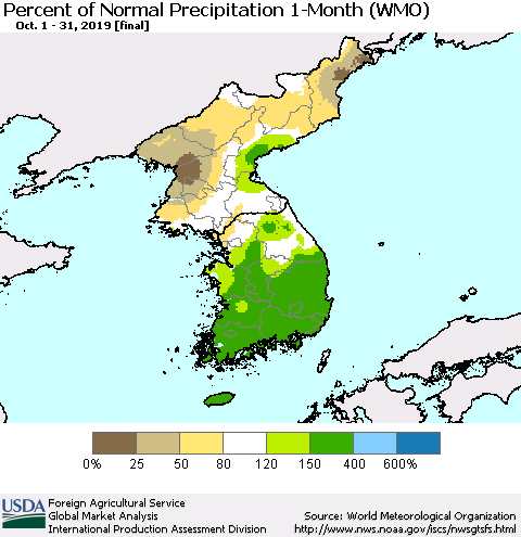 Korea Percent of Normal Precipitation 1-Month (WMO) Thematic Map For 10/1/2019 - 10/31/2019
