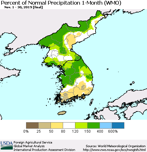 Korea Percent of Normal Precipitation 1-Month (WMO) Thematic Map For 11/1/2019 - 11/30/2019