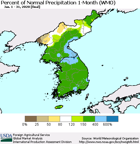 Korea Percent of Normal Precipitation 1-Month (WMO) Thematic Map For 1/1/2020 - 1/31/2020
