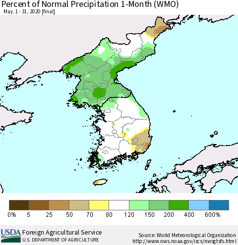 Korea Percent of Normal Precipitation 1-Month (WMO) Thematic Map For 5/1/2020 - 5/31/2020
