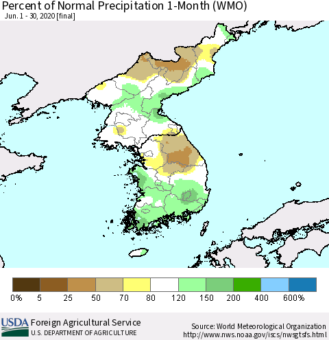 Korea Percent of Normal Precipitation 1-Month (WMO) Thematic Map For 6/1/2020 - 6/30/2020