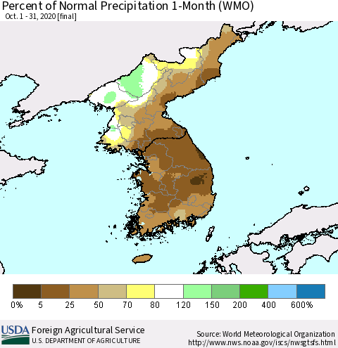 Korea Percent of Normal Precipitation 1-Month (WMO) Thematic Map For 10/1/2020 - 10/31/2020