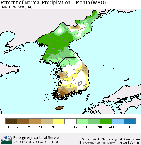 Korea Percent of Normal Precipitation 1-Month (WMO) Thematic Map For 11/1/2020 - 11/30/2020