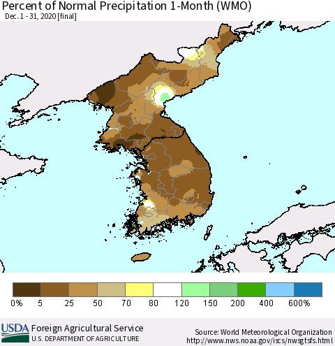 Korea Percent of Normal Precipitation 1-Month (WMO) Thematic Map For 12/1/2020 - 12/31/2020
