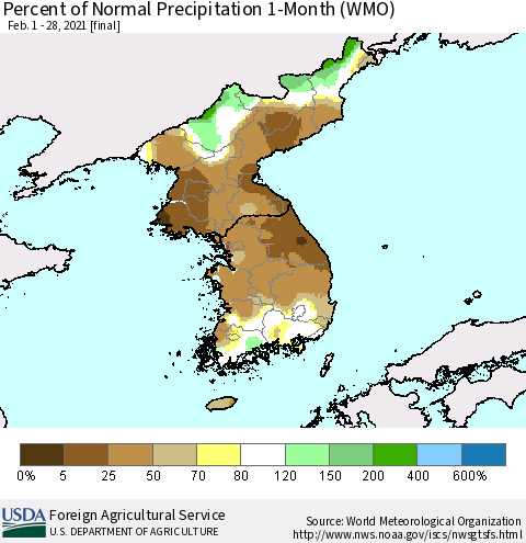 Korea Percent of Normal Precipitation 1-Month (WMO) Thematic Map For 2/1/2021 - 2/28/2021