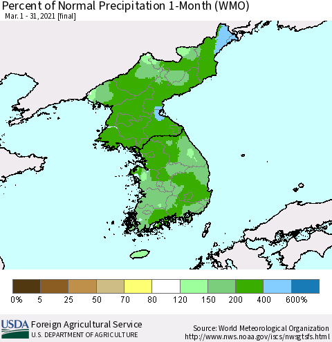 Korea Percent of Normal Precipitation 1-Month (WMO) Thematic Map For 3/1/2021 - 3/31/2021