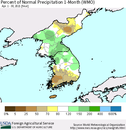 Korea Percent of Normal Precipitation 1-Month (WMO) Thematic Map For 4/1/2021 - 4/30/2021