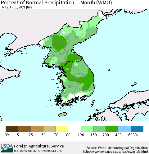 Korea Percent of Normal Precipitation 1-Month (WMO) Thematic Map For 5/1/2021 - 5/31/2021