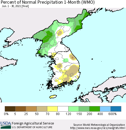Korea Percent of Normal Precipitation 1-Month (WMO) Thematic Map For 6/1/2021 - 6/30/2021