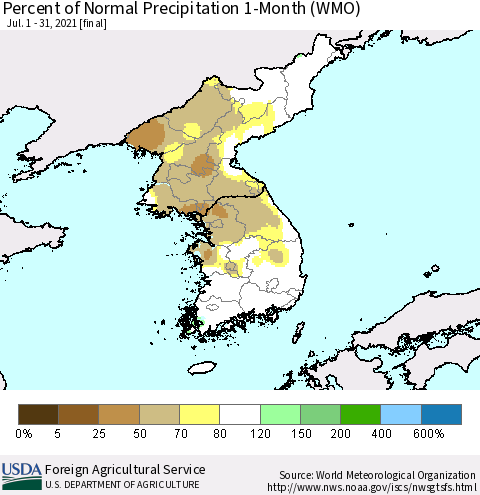 Korea Percent of Normal Precipitation 1-Month (WMO) Thematic Map For 7/1/2021 - 7/31/2021