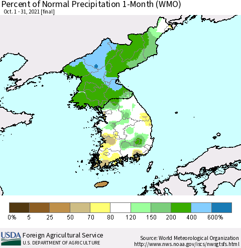 Korea Percent of Normal Precipitation 1-Month (WMO) Thematic Map For 10/1/2021 - 10/31/2021