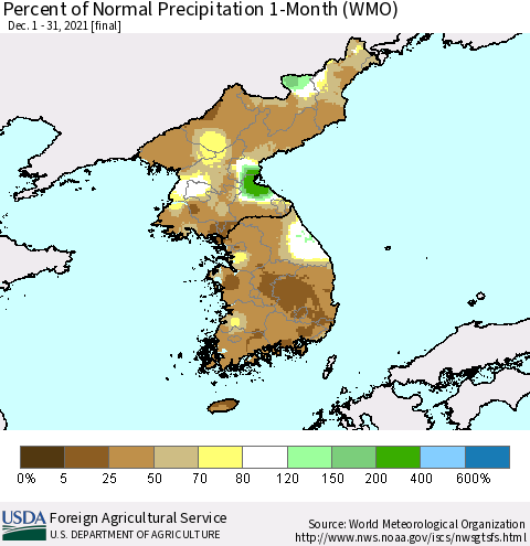 Korea Percent of Normal Precipitation 1-Month (WMO) Thematic Map For 12/1/2021 - 12/31/2021