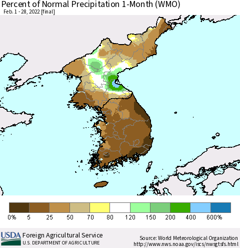 Korea Percent of Normal Precipitation 1-Month (WMO) Thematic Map For 2/1/2022 - 2/28/2022