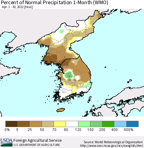 Korea Percent of Normal Precipitation 1-Month (WMO) Thematic Map For 4/1/2022 - 4/30/2022