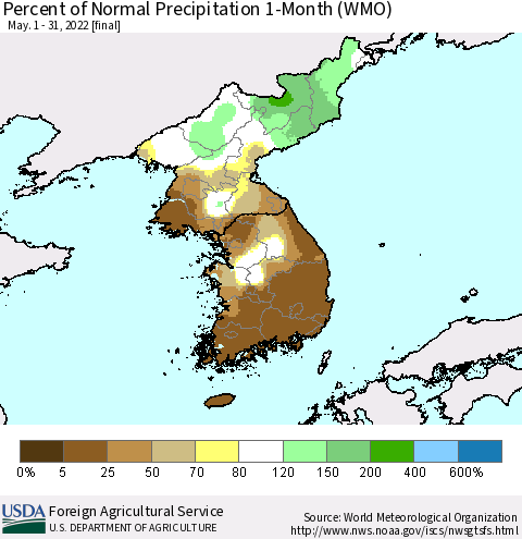 Korea Percent of Normal Precipitation 1-Month (WMO) Thematic Map For 5/1/2022 - 5/31/2022