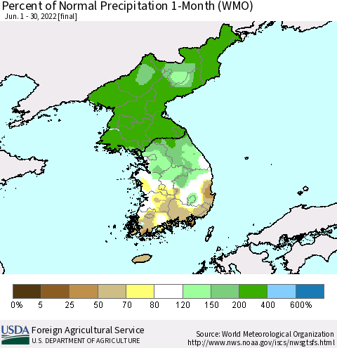 Korea Percent of Normal Precipitation 1-Month (WMO) Thematic Map For 6/1/2022 - 6/30/2022