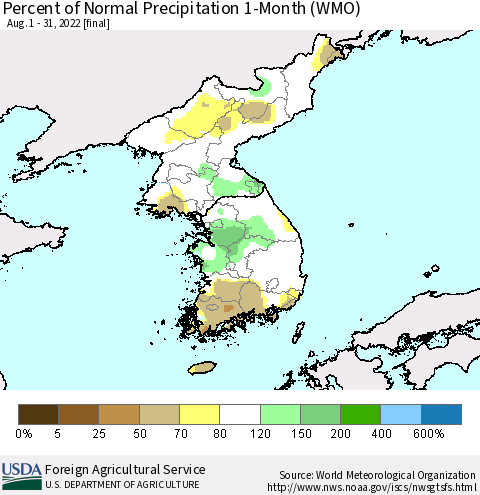 Korea Percent of Normal Precipitation 1-Month (WMO) Thematic Map For 8/1/2022 - 8/31/2022