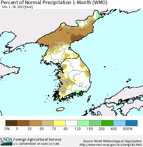 Korea Percent of Normal Precipitation 1-Month (WMO) Thematic Map For 2/1/2023 - 2/28/2023