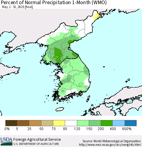 Korea Percent of Normal Precipitation 1-Month (WMO) Thematic Map For 5/1/2023 - 5/31/2023