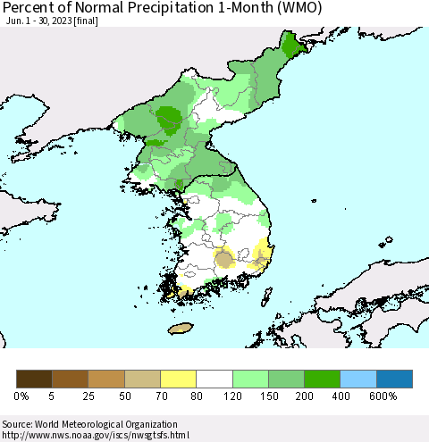 Korea Percent of Normal Precipitation 1-Month (WMO) Thematic Map For 6/1/2023 - 6/30/2023