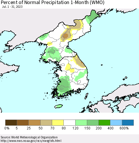 Korea Percent of Normal Precipitation 1-Month (WMO) Thematic Map For 7/1/2023 - 7/31/2023