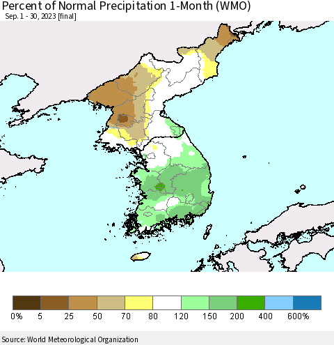 Korea Percent of Normal Precipitation 1-Month (WMO) Thematic Map For 9/1/2023 - 9/30/2023