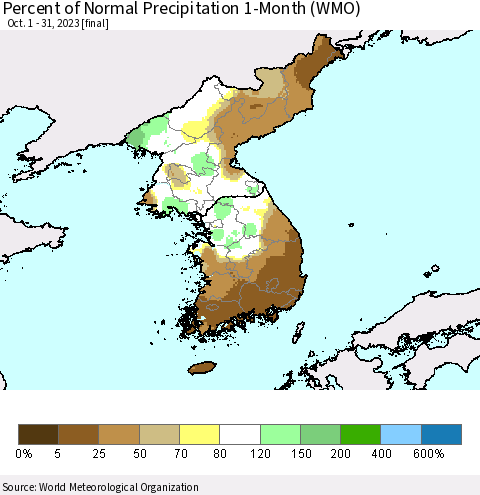 Korea Percent of Normal Precipitation 1-Month (WMO) Thematic Map For 10/1/2023 - 10/31/2023