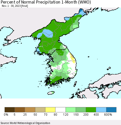Korea Percent of Normal Precipitation 1-Month (WMO) Thematic Map For 11/1/2023 - 11/30/2023