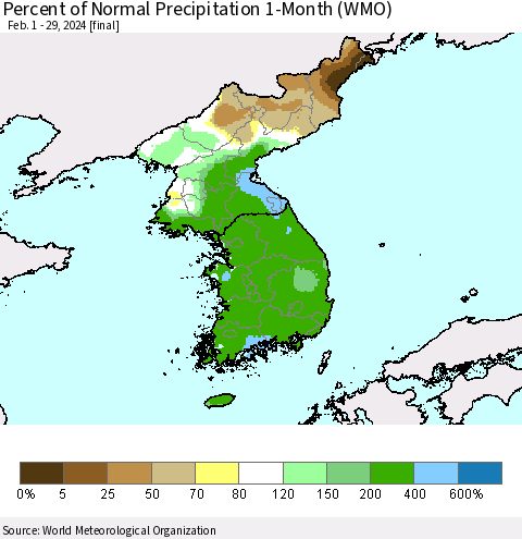 Korea Percent of Normal Precipitation 1-Month (WMO) Thematic Map For 2/1/2024 - 2/29/2024