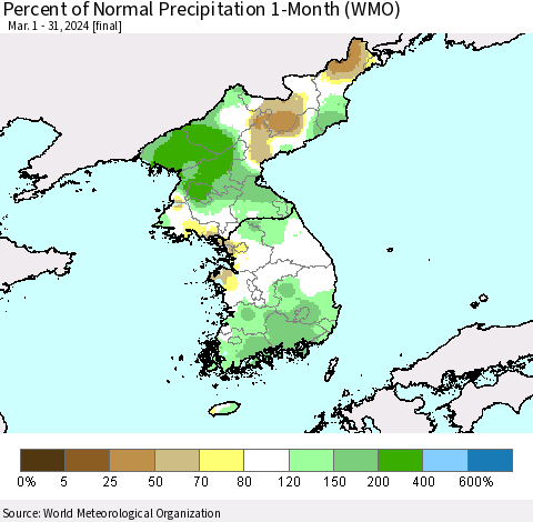 Korea Percent of Normal Precipitation 1-Month (WMO) Thematic Map For 3/1/2024 - 3/31/2024