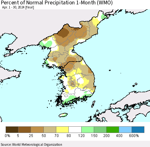 Korea Percent of Normal Precipitation 1-Month (WMO) Thematic Map For 4/1/2024 - 4/30/2024
