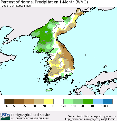 Korea Percent of Normal Precipitation 1-Month (WMO) Thematic Map For 12/6/2019 - 1/5/2020