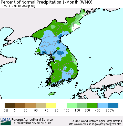 Korea Percent of Normal Precipitation 1-Month (WMO) Thematic Map For 12/11/2019 - 1/10/2020