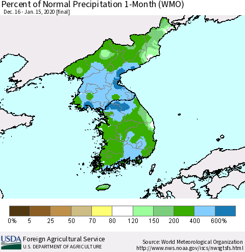 Korea Percent of Normal Precipitation 1-Month (WMO) Thematic Map For 12/16/2019 - 1/15/2020