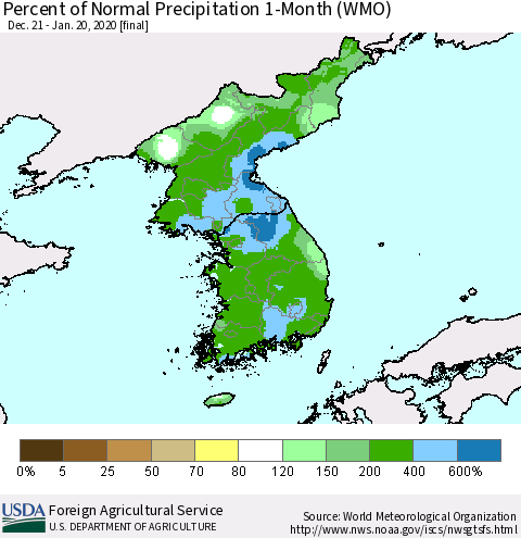 Korea Percent of Normal Precipitation 1-Month (WMO) Thematic Map For 12/21/2019 - 1/20/2020
