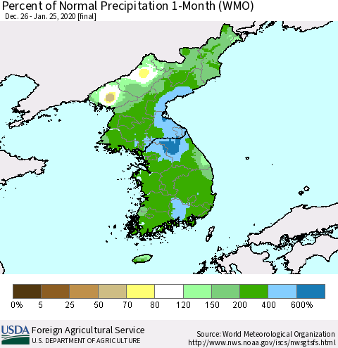 Korea Percent of Normal Precipitation 1-Month (WMO) Thematic Map For 12/26/2019 - 1/25/2020