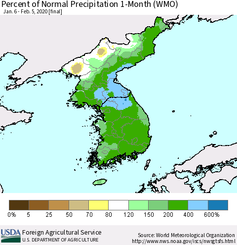 Korea Percent of Normal Precipitation 1-Month (WMO) Thematic Map For 1/6/2020 - 2/5/2020